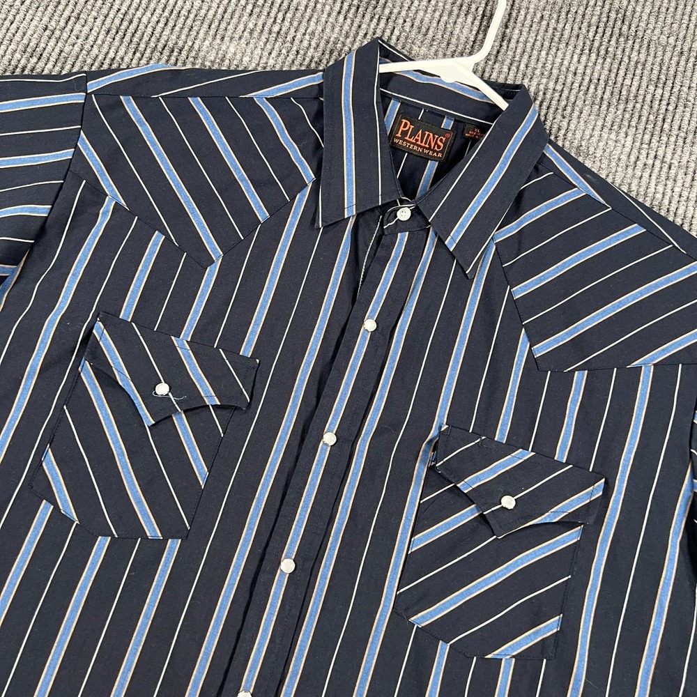 Plains Western Wear Shirt Mens XL Extra Large Blue Striped Short Sleeve Snap